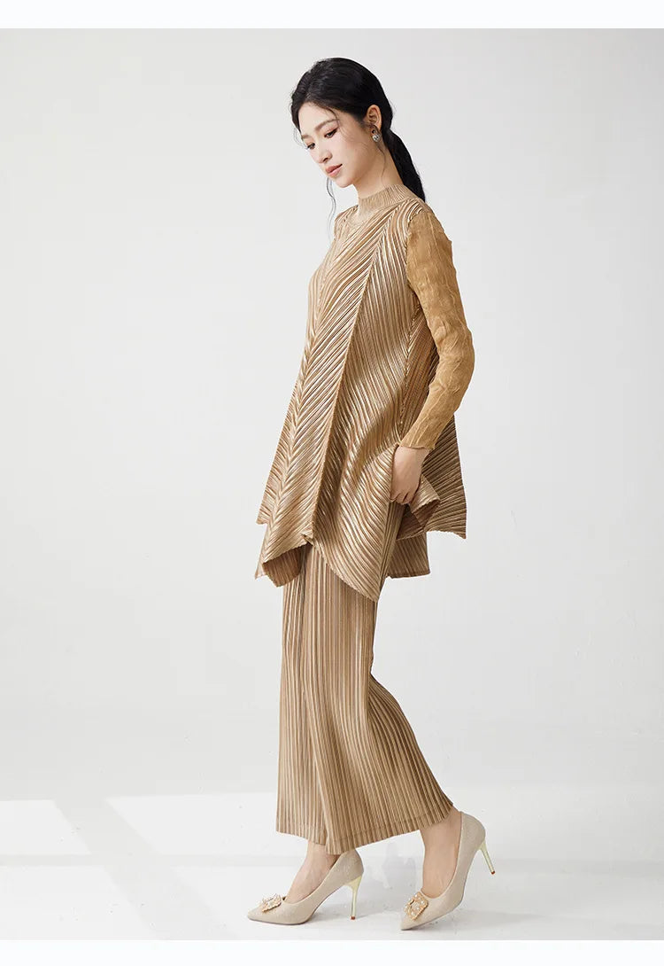Metallic Pleated Tunic Top & Wide Leg Pants Set