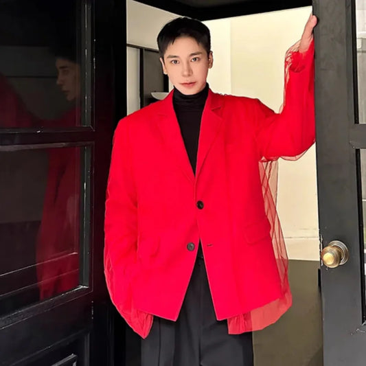 Men's Red Mesh Loose Fit Blazer