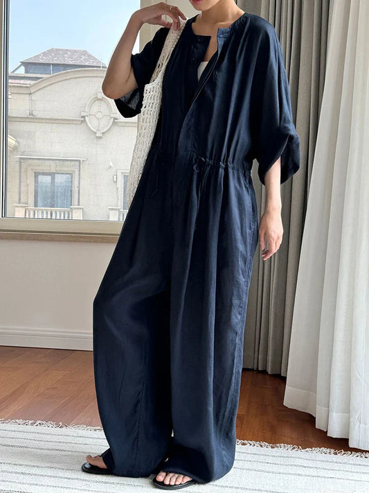 Oversized Linen Blend Jumpsuit - Wide Leg