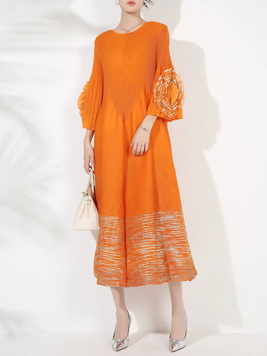 Couture Pleated Floral 3/4 Sleeve Midi Dress