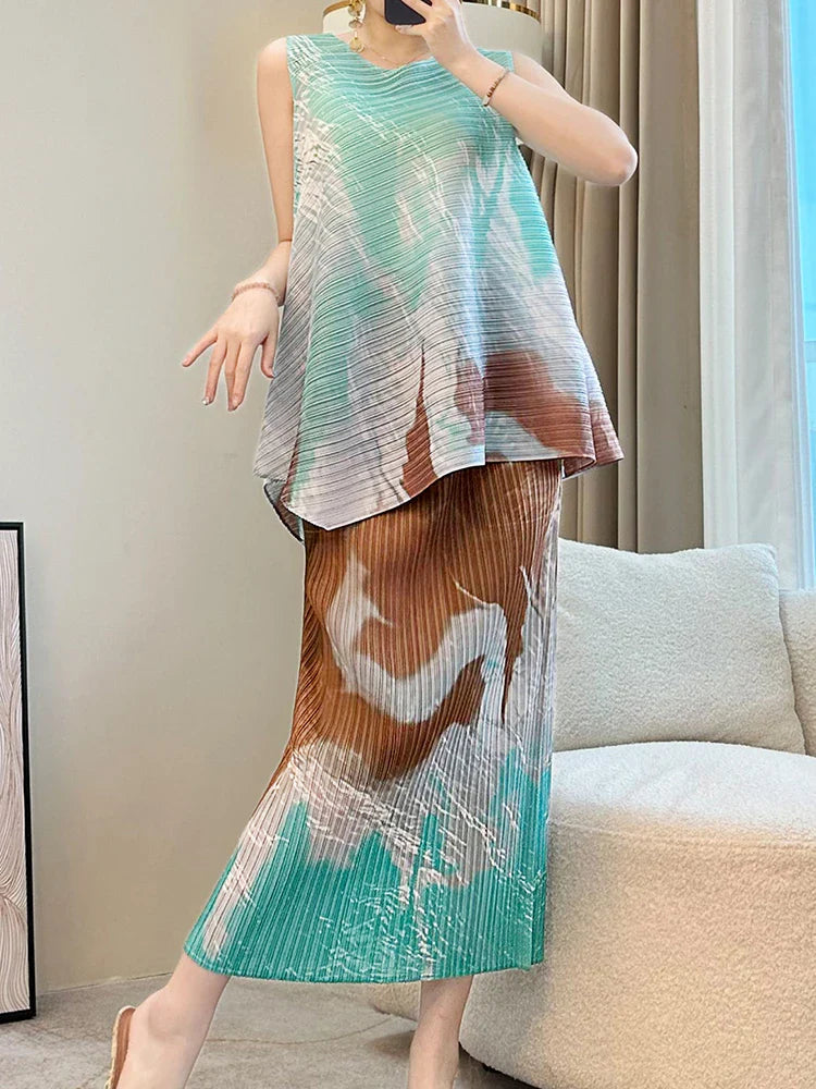 Exclusive Plissé Pleated Skirt & Sleeveless Top Set