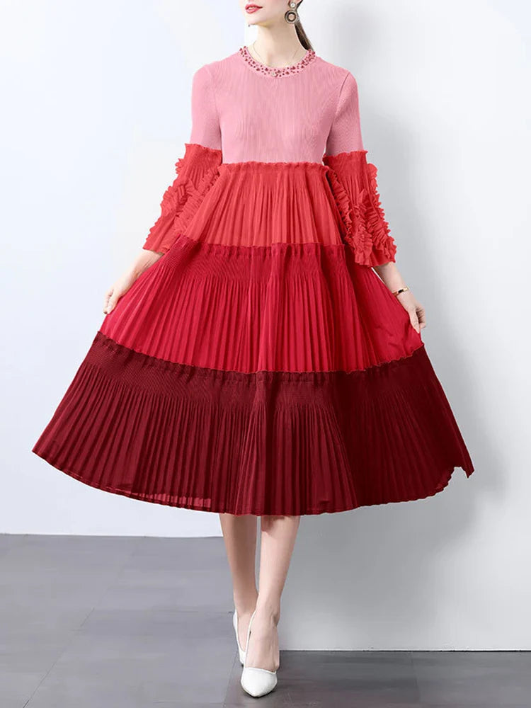 Ombre Pleated Dress - Ruffle Sleeve