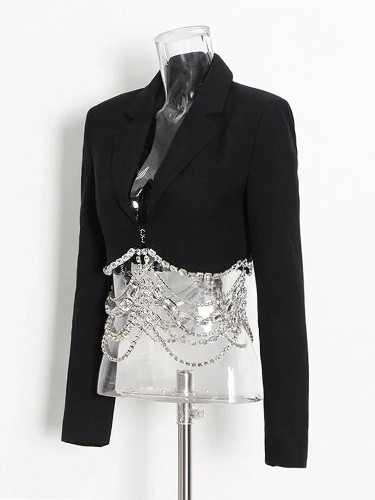 Slim Fit Cropped Blazer with Crystal Chain