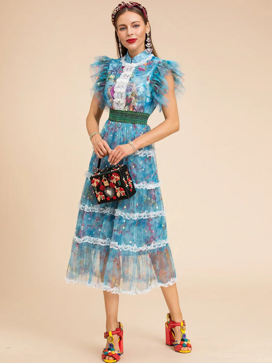 Blue Floral Midi Dress Ruffle Cap Sleeves