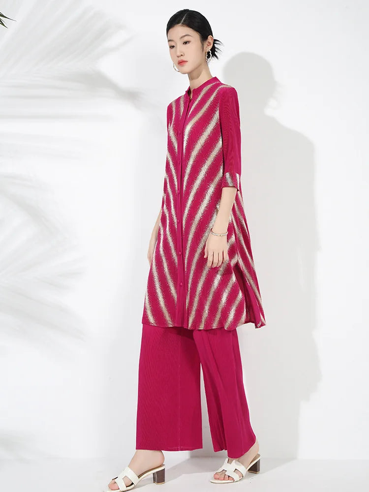 Petite Plissé Pleated 3/4 Sleeve 2-Piece Pant Set