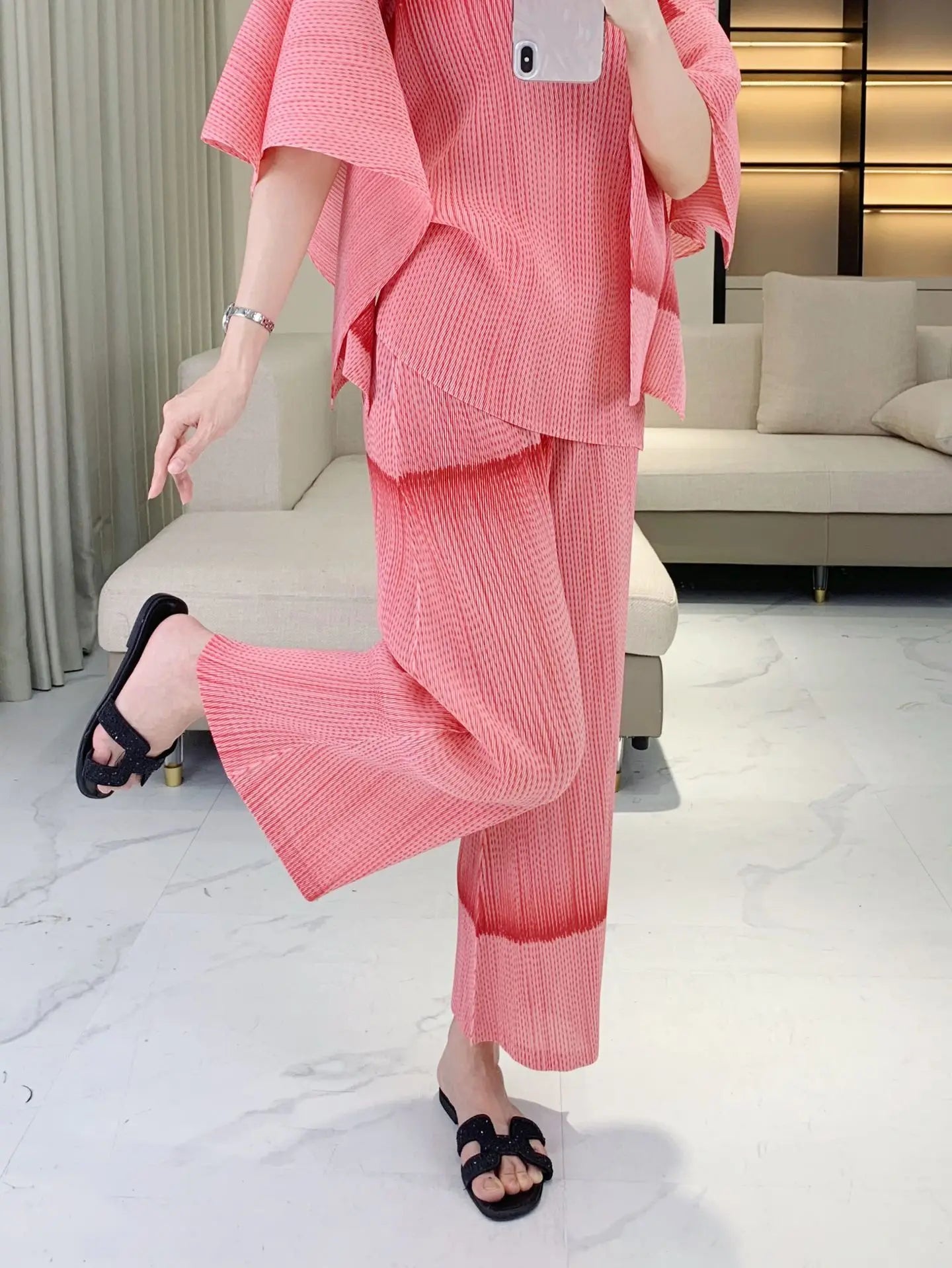 Luxe Japanese Pleats Pull-On Pants & Top Co-Ord Set