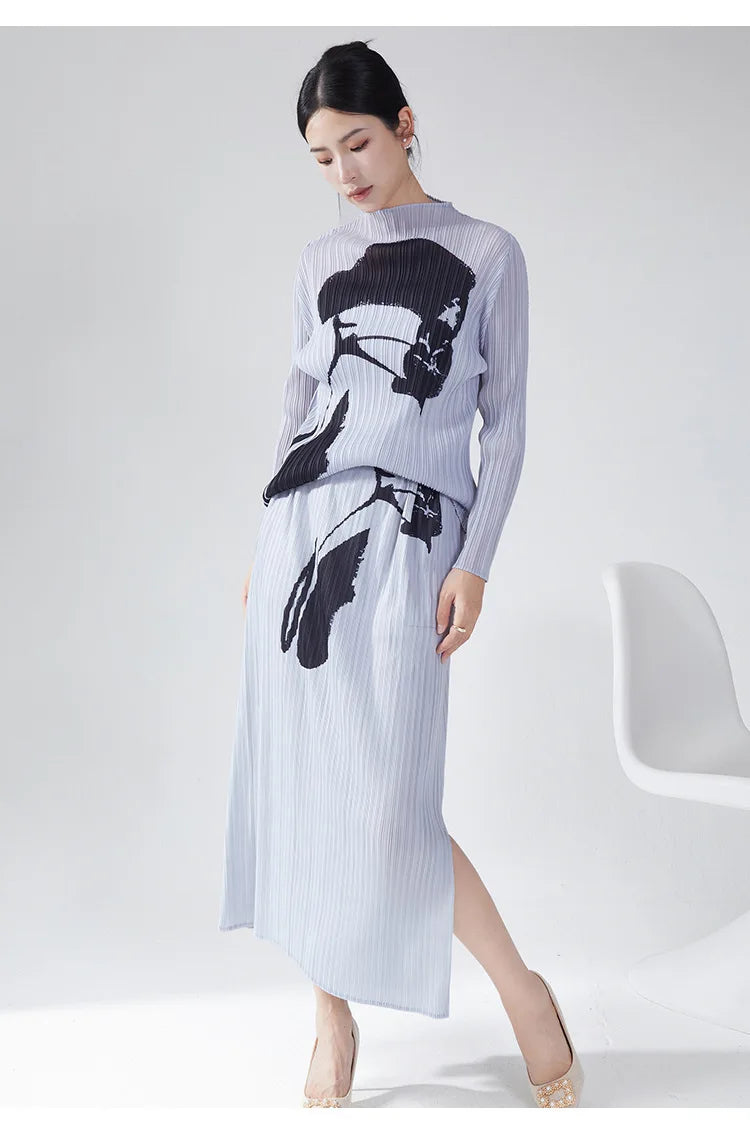 Plisse Pleated Long Sleeve Top & Pull-On Midi Skirt