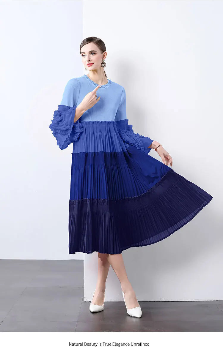 Ombre Pleated Dress - Ruffle Sleeve