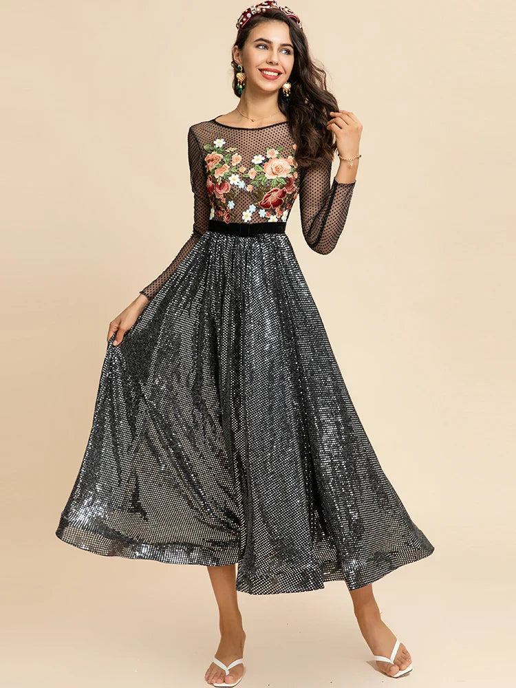 Floral Embroidery Sheer Sleeve Sequin Dress