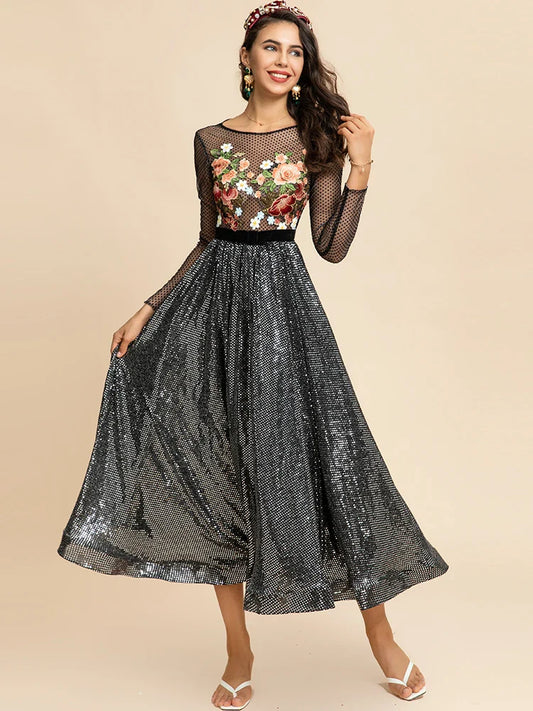 Floral Embroidery Sheer Sleeve Sequin Dress