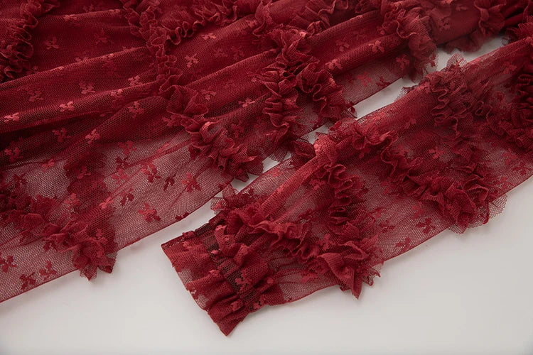 Wine Red Ruffle Mesh Midi Dress
