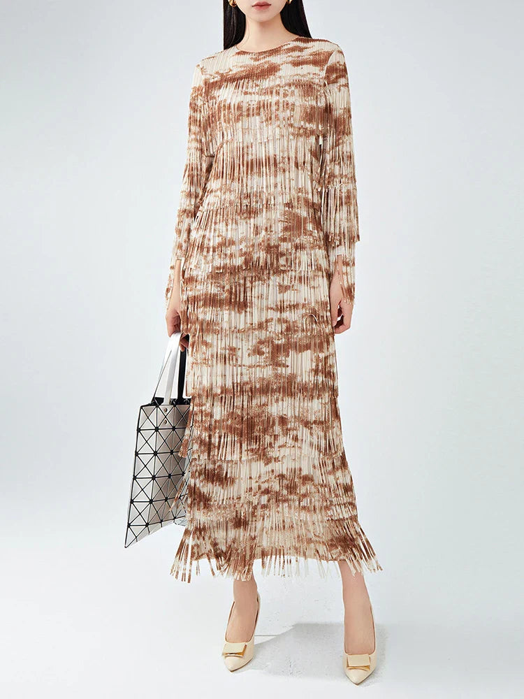 Truly Pleated Tasseled Sleeve Midi Dress