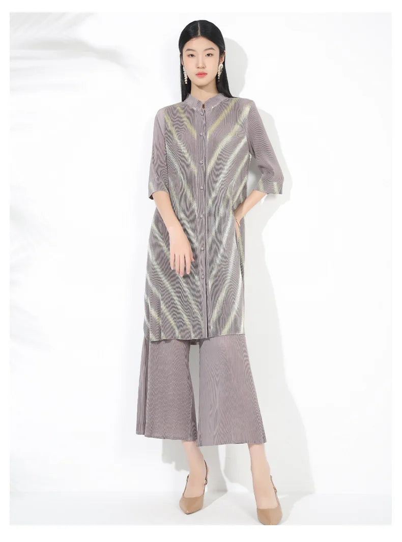 Petite Plissé Pleated 3/4 Sleeve 2-Piece Pant Set