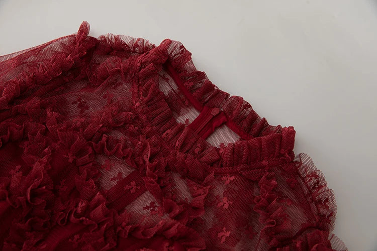 Wine Red Ruffle Mesh Midi Dress