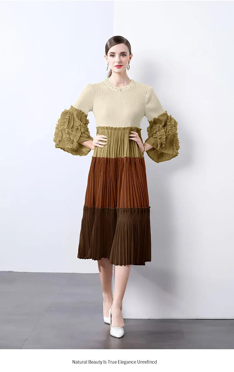 Ombre Pleated Dress - Ruffle Sleeve