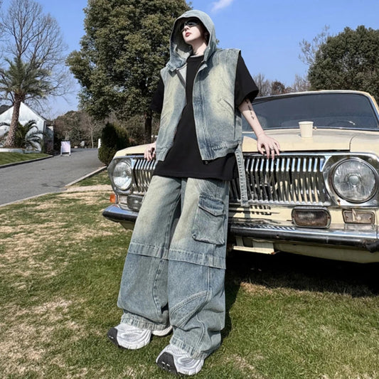 Men's Denim Hooded Vest & Wide-Leg Cargo Pants