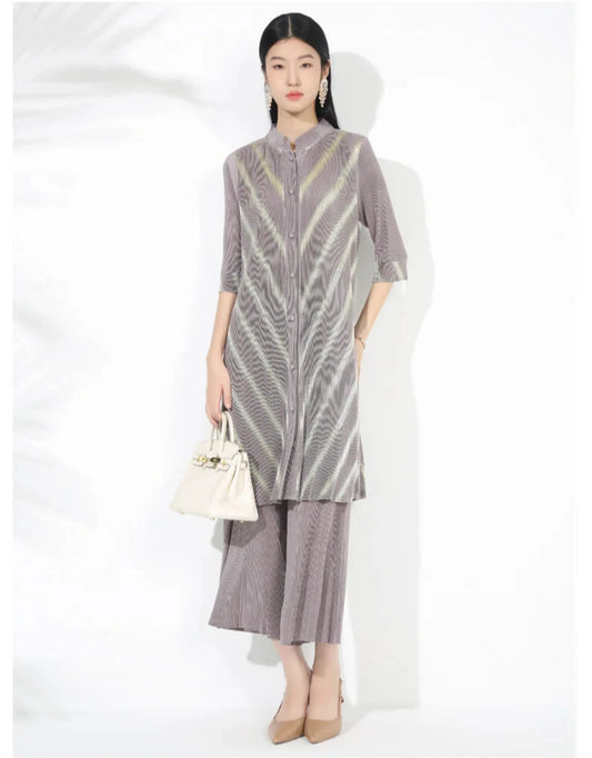 Petite Plissé Pleated 3/4 Sleeve 2-Piece Pant Set