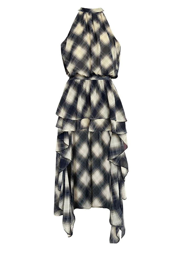 Plaid Asymmetric Halter High-Low Top