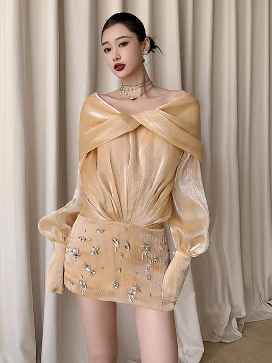 Sheer Mini Dress - Crystals & Off Shoulder