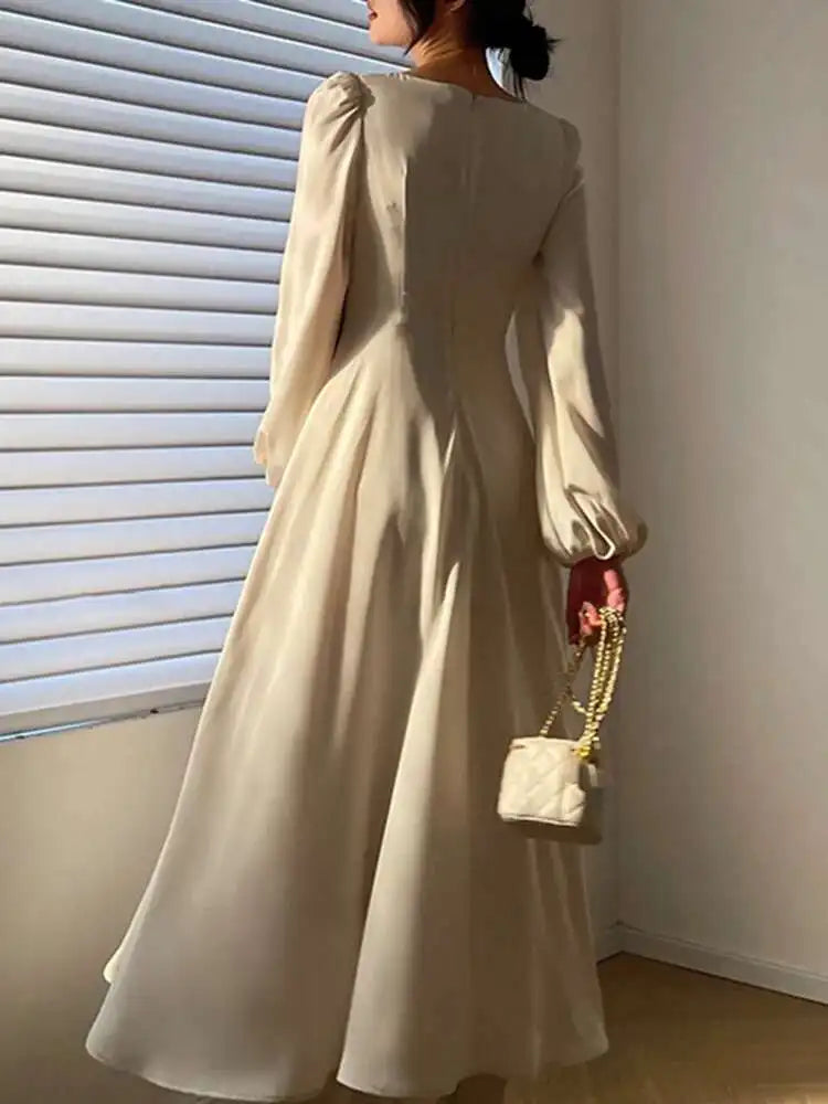 Cream Satin Midi Dress with Pearls