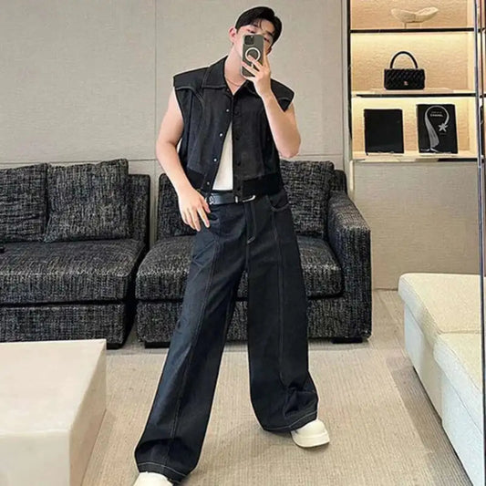 Men's Éclat Dark Denim Crop Vest & Baggy Jeans Set