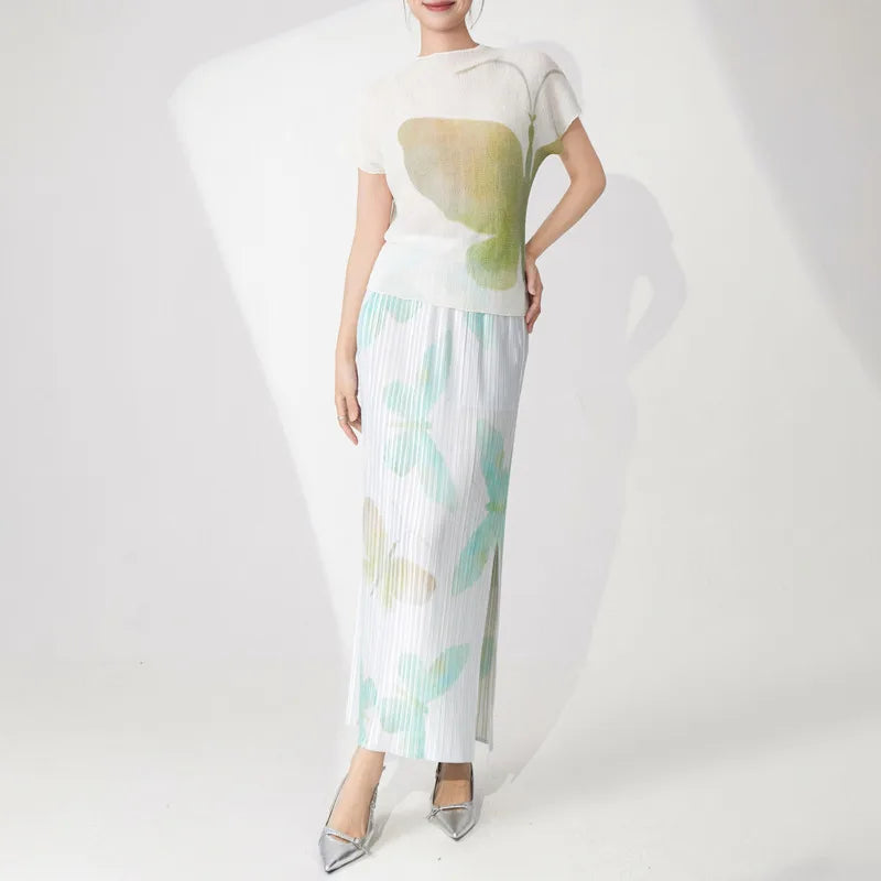 Butterfly Pleated Maxi Skirt & Top Set