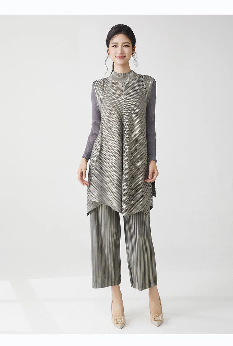 Metallic Pleated Tunic Top & Wide Leg Pants Set