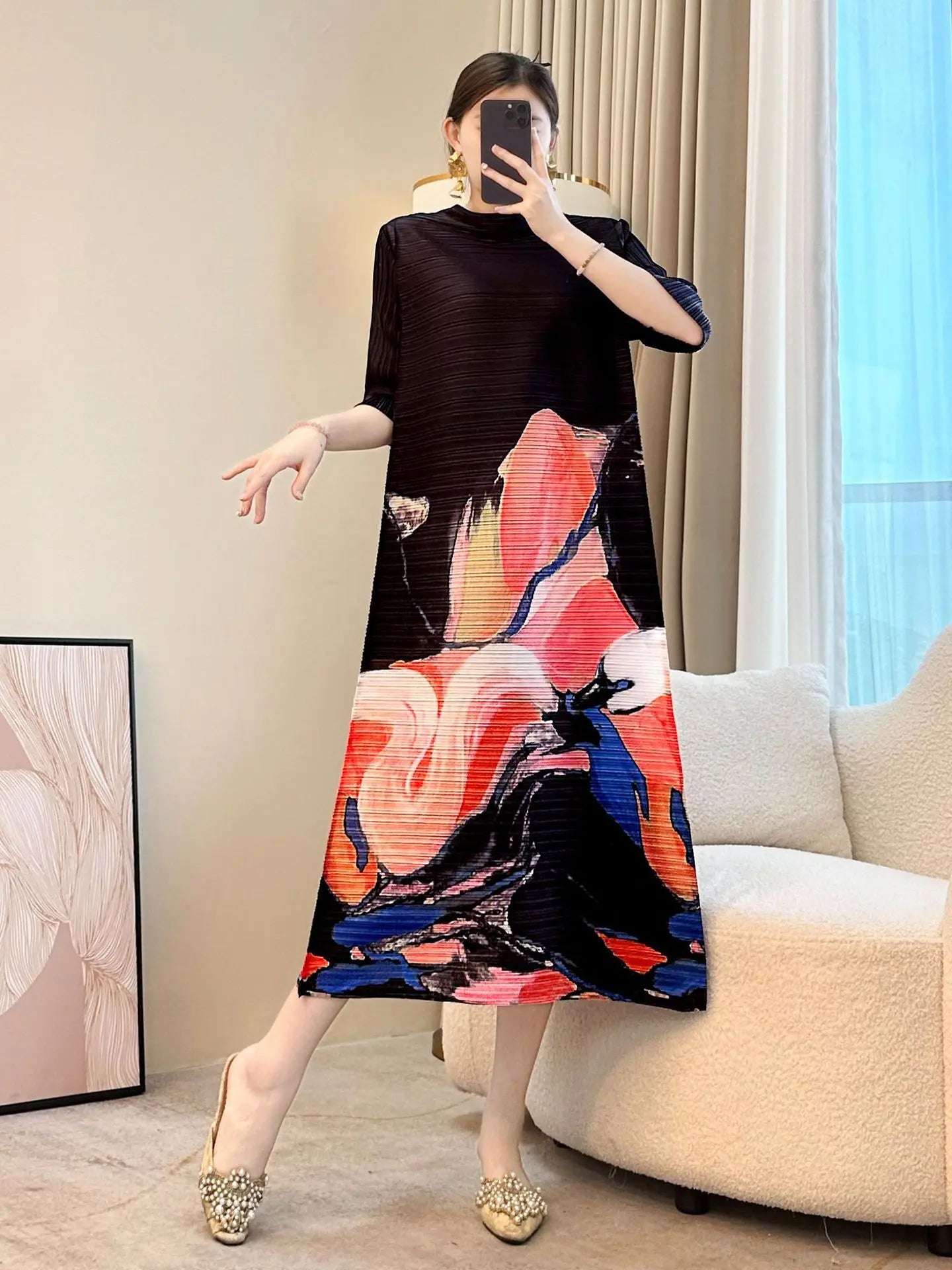 Japanese Floral Pleated Midi Dress