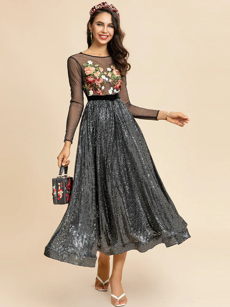 Floral Embroidery Sheer Sleeve Sequin Dress