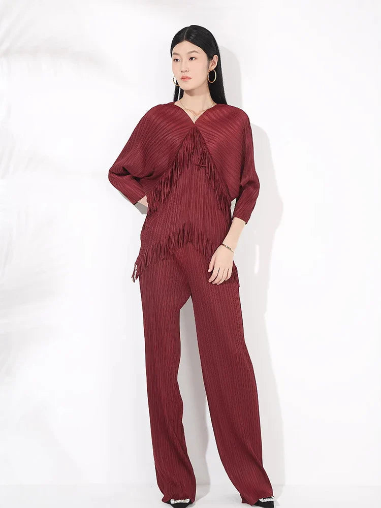 Fringed Pleated Wide-Leg Pant Set