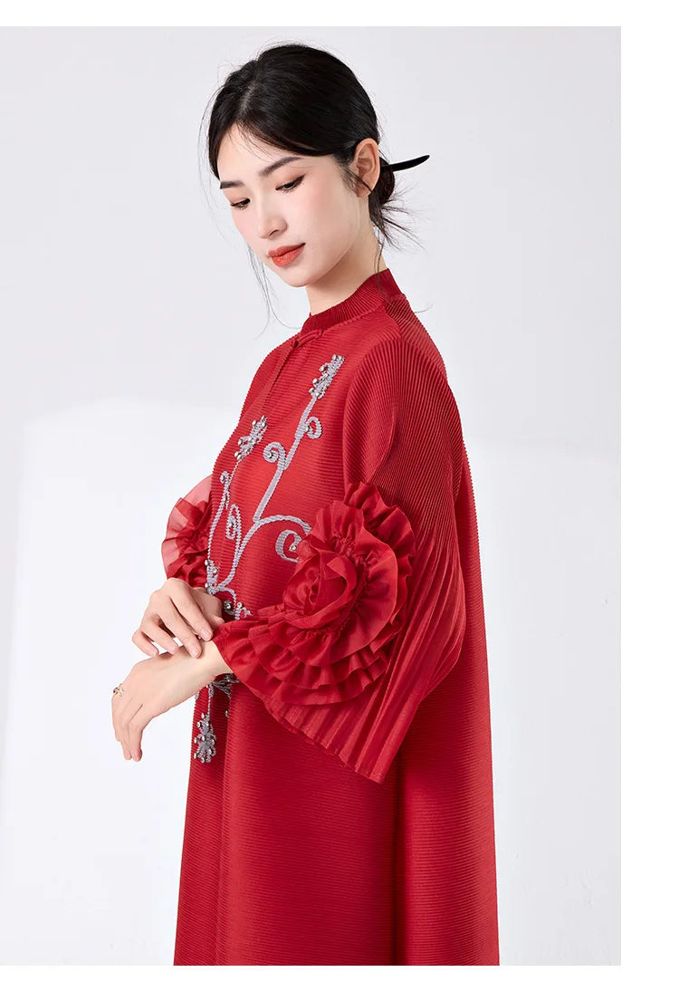 Women's Pleated Dress with Ruffle Sleeves â€?Elegant & Stylish