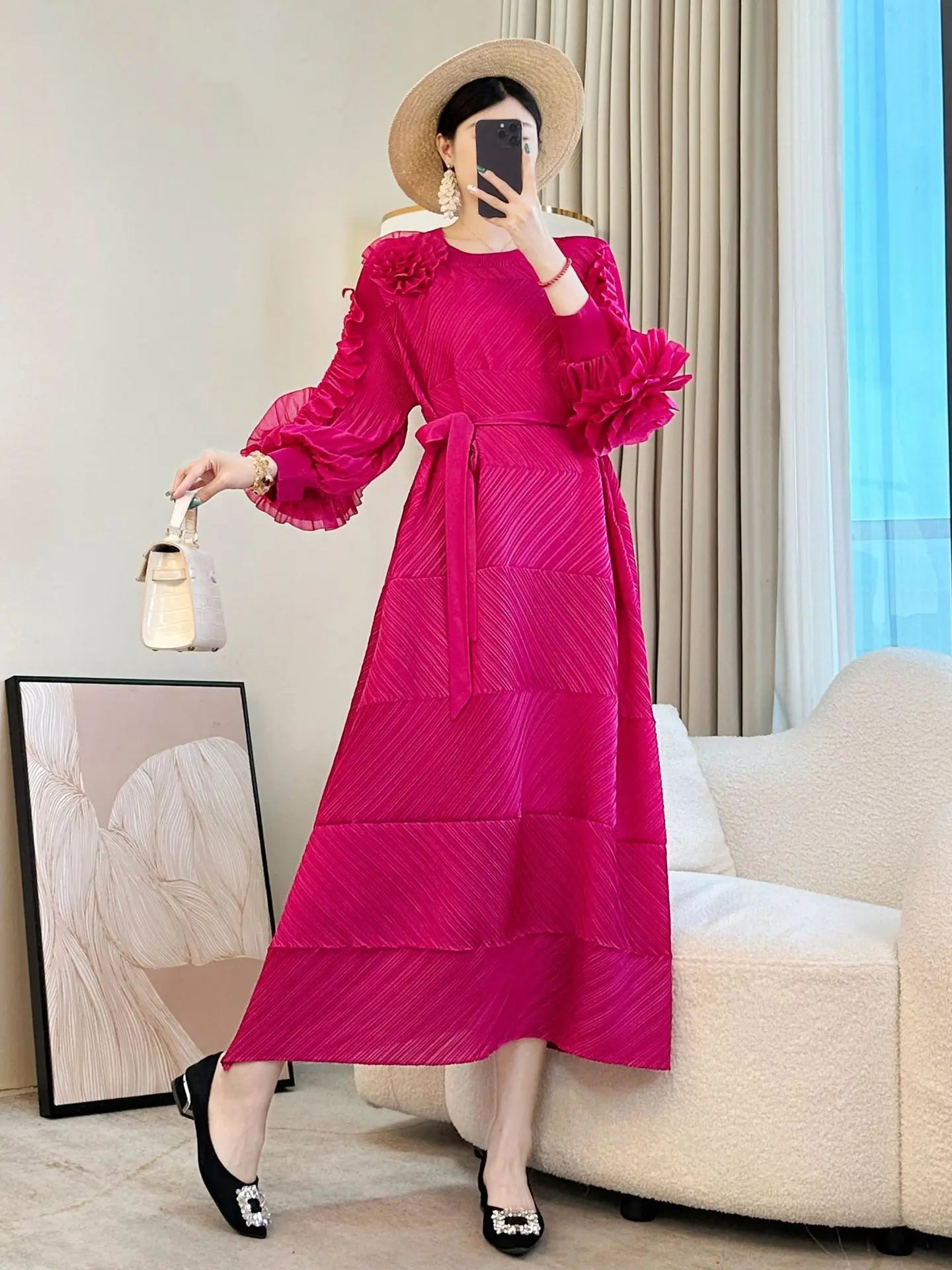 Elegant Pleated Floral Midi Dress