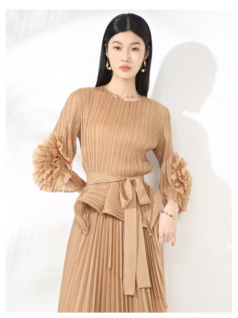 High-End Pleated Midi Skirt Set - Statement Sleeves