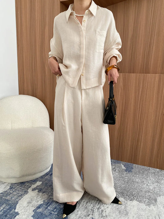 Linen Button-Up Shirt & Wide-Leg Trousers Set