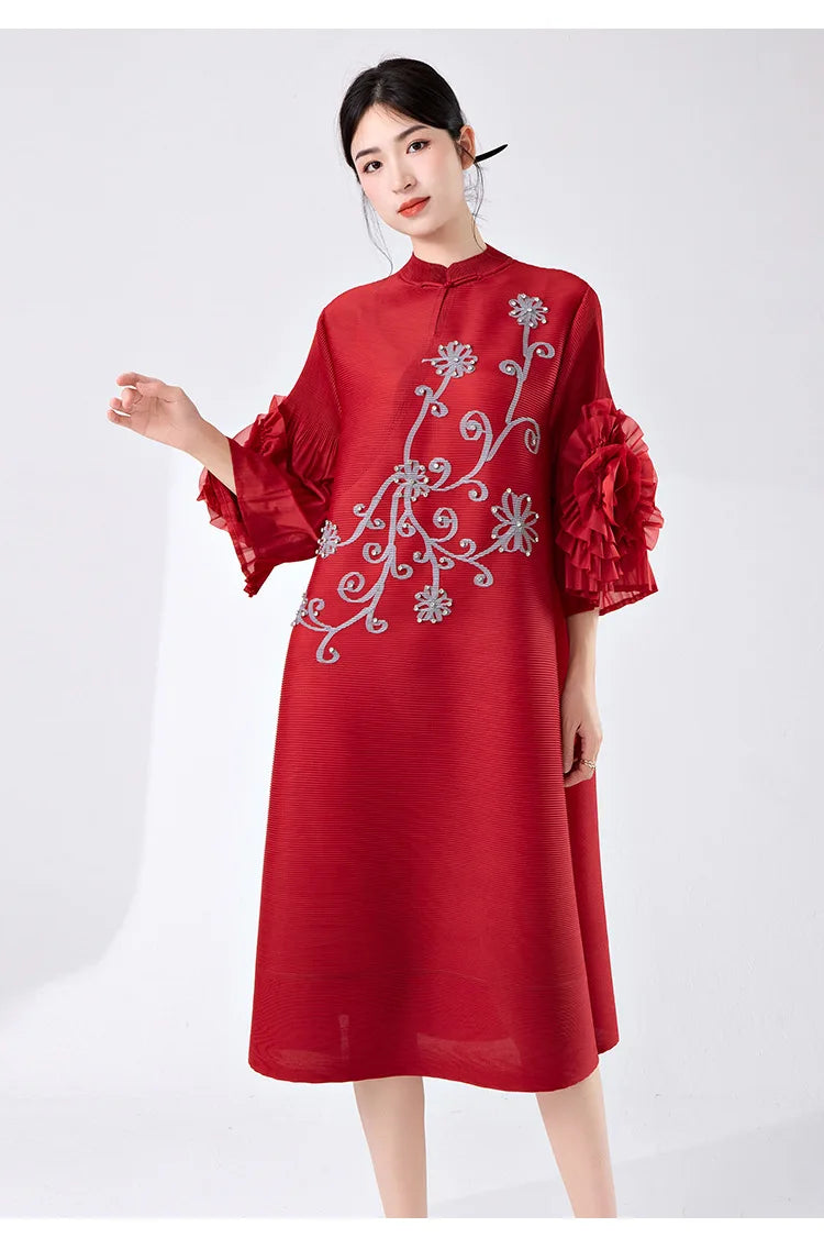 Women's Pleated Dress with Ruffle Sleeves â€?Elegant & Stylish