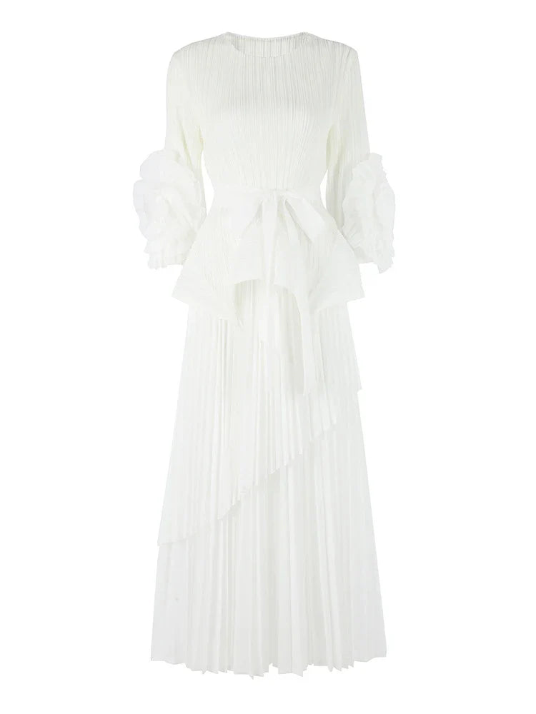 High-End Pleated Midi Skirt Set - Statement Sleeves