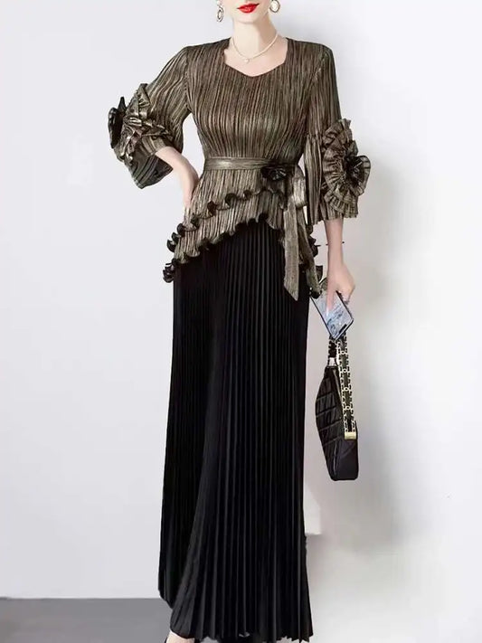 Statement Ruffle Sleeve and Pleated Skirt Ensemble