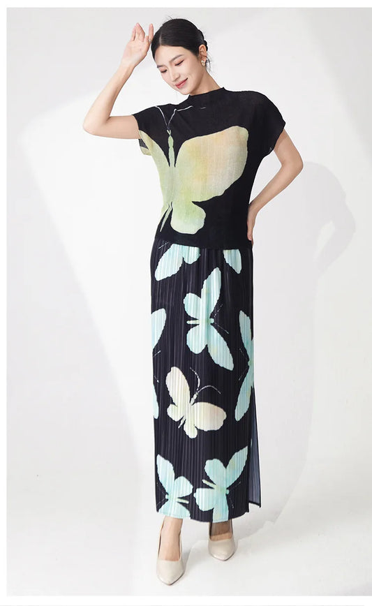 Butterfly Pleated Maxi Skirt & Top Set