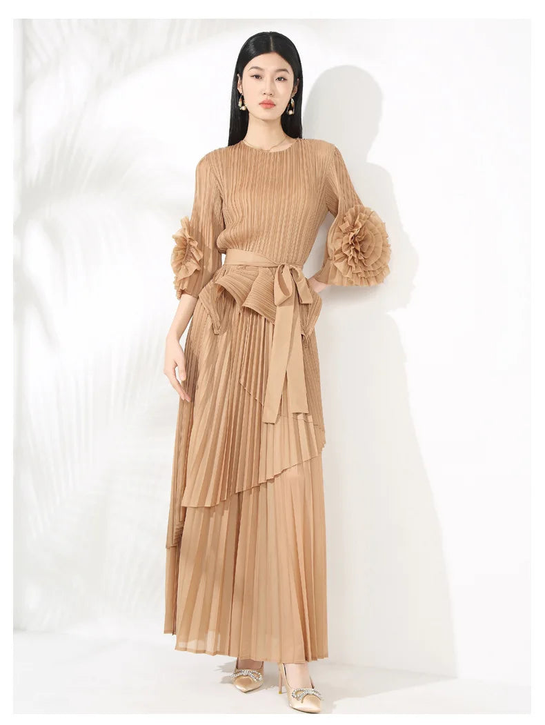 High-End Pleated Midi Skirt Set - Statement Sleeves