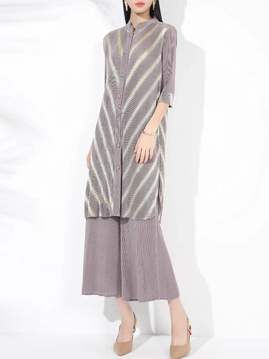 Petite Plissé Pleated 3/4 Sleeve 2-Piece Pant Set