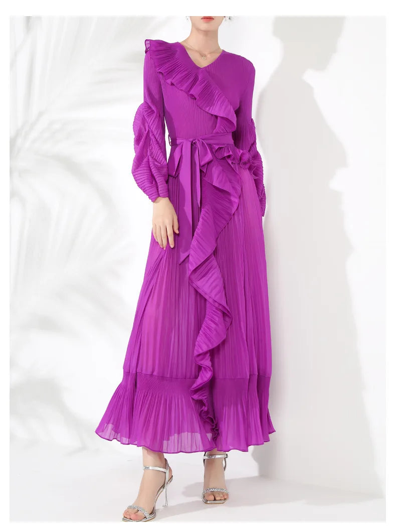Pleated Plissé Ruffle Trim Maxi Dress
