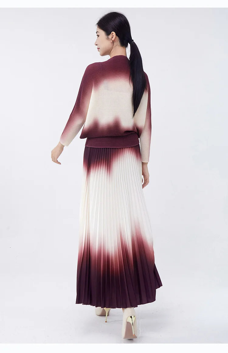 Luxury Burgundy Ombre Pleated Skirt & Top Co-Ord