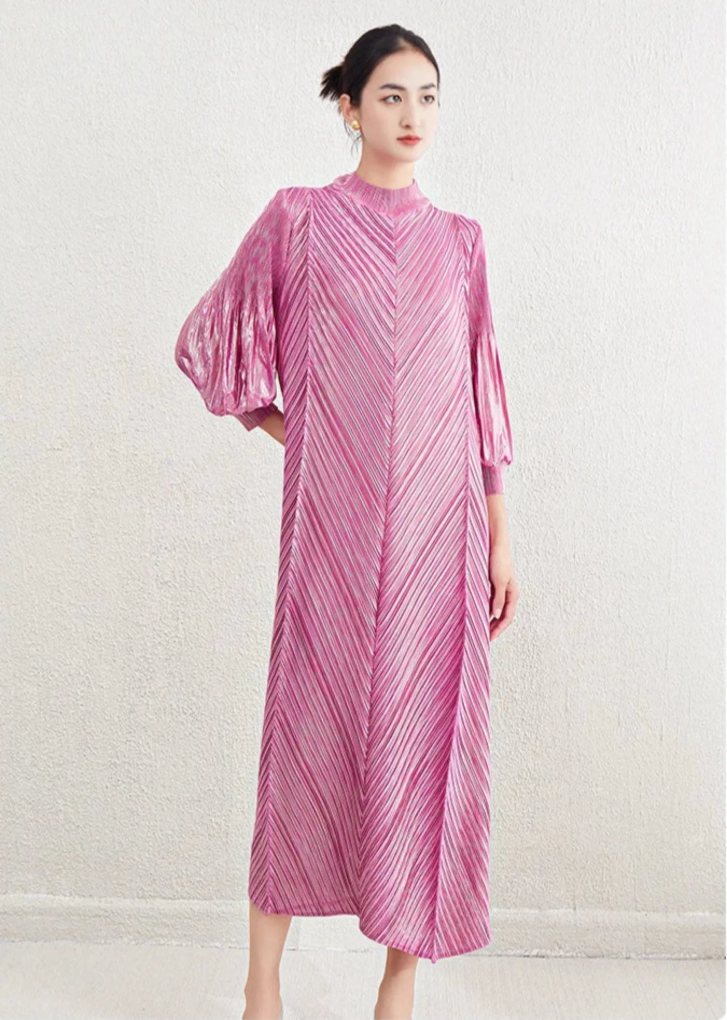 Metallic Pleated Midi Dress with Mock Neck & Bishop Sleeves