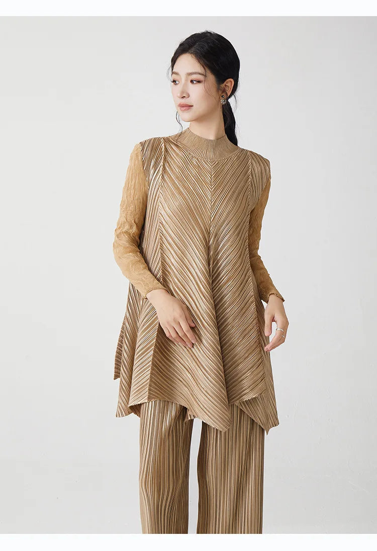 Metallic Pleated Tunic Top & Wide Leg Pants Set