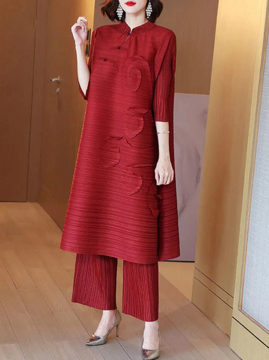 Women's 3/4 Sleeve Top & Pleated Pants Set - Red