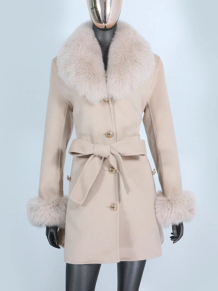 Women's Shawl Collar Fox Fur Wool & Cashmere Coat