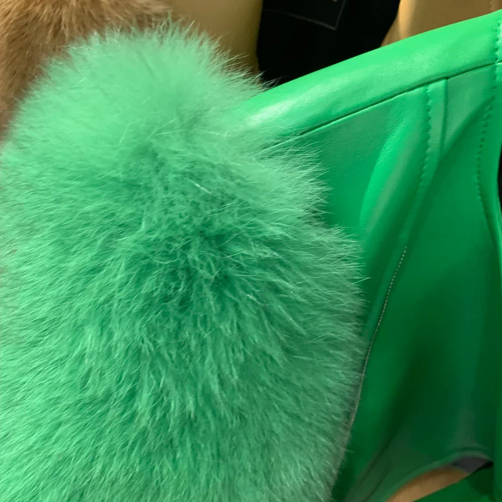 Women's Cropped Leather Jacket with Fox Fur