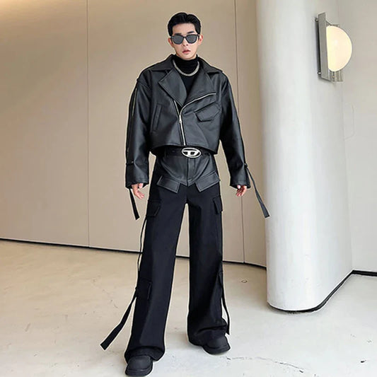 Men's 2 Piece Faux Leather Moto Jacket & Cargo Pants
