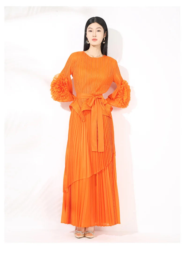 High-End Pleated Midi Skirt Set - Statement Sleeves