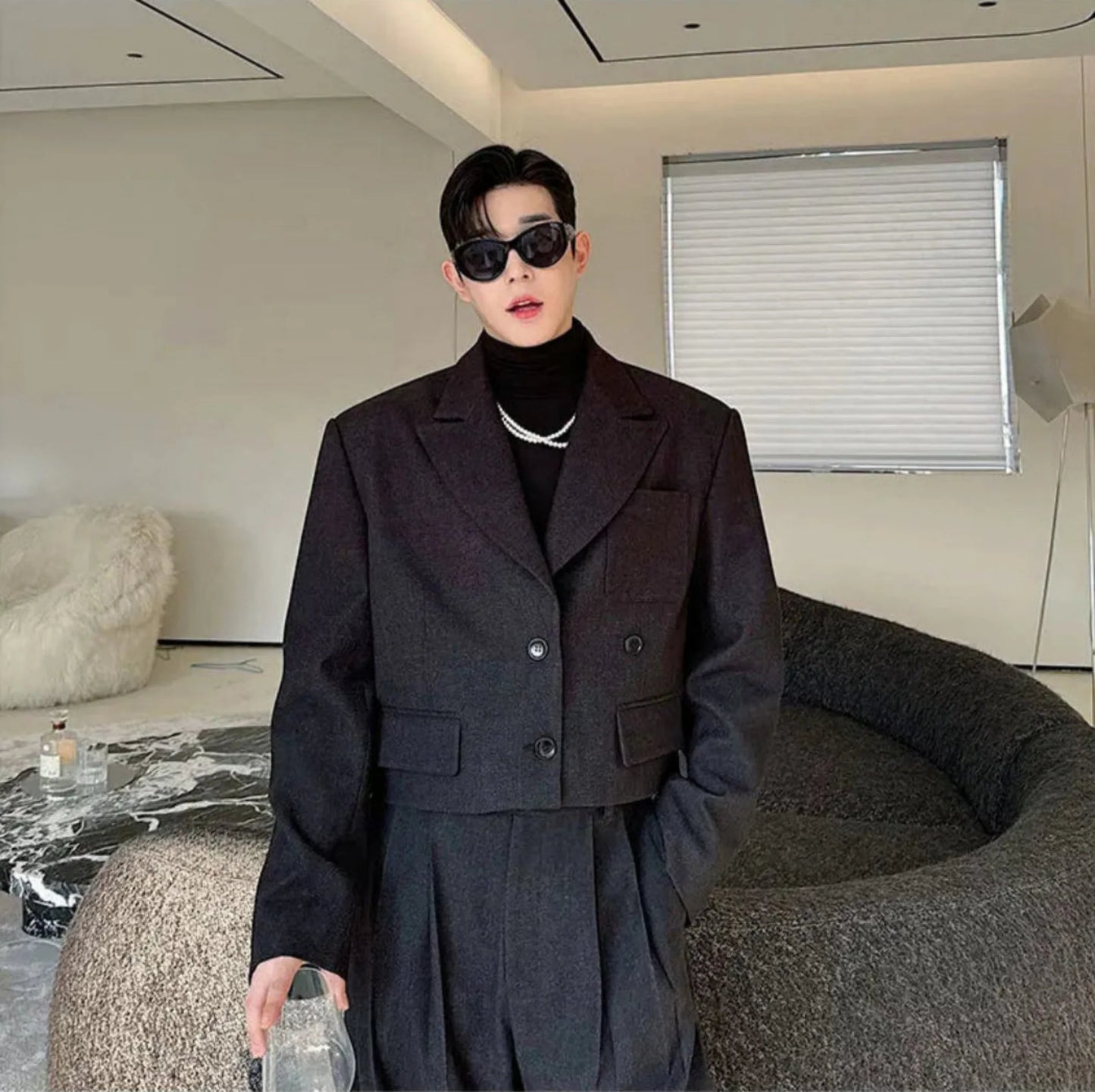 Men's Black Cropped Blazer with Trousers - 2 Piece